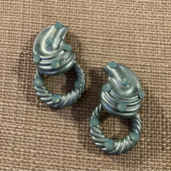 Vintage Jeff Lieb Blue Door Knocker Rhinestone Clip Earrings Designer Runway - Picture 1 of 4